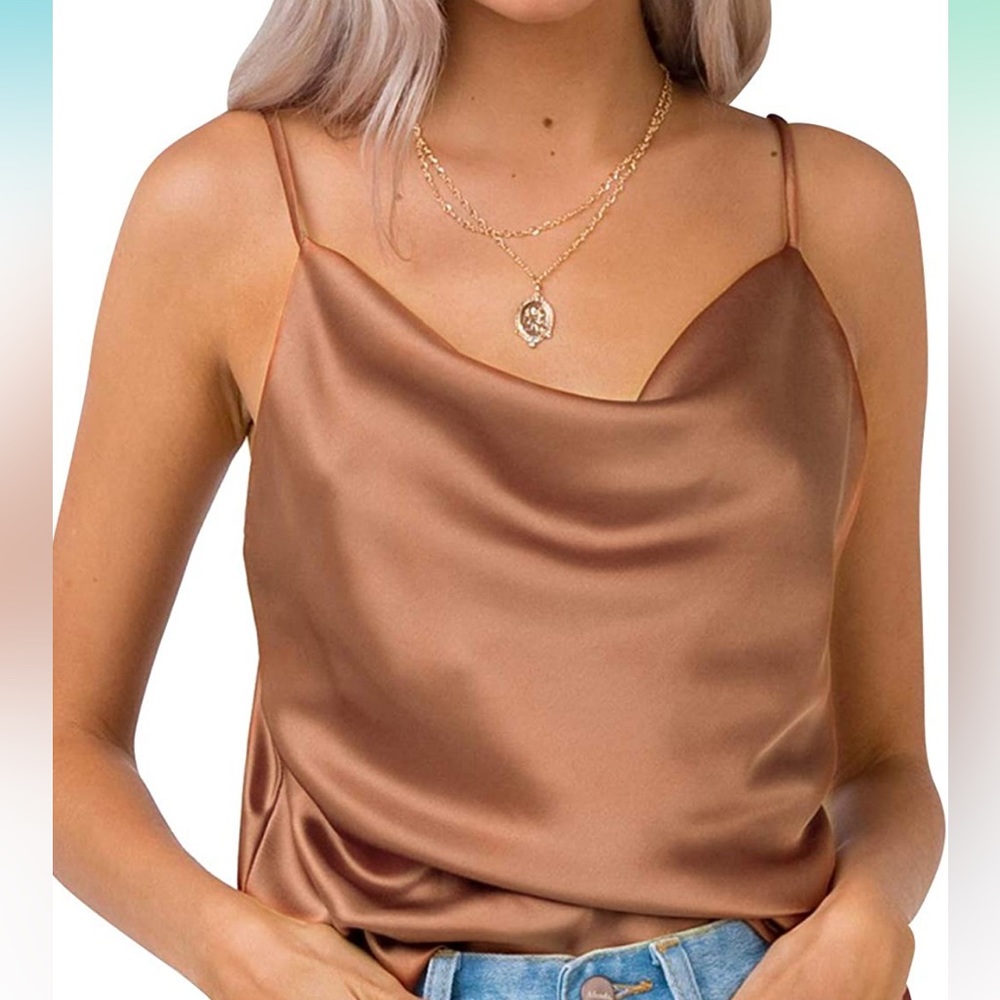 S brown chiffon swoop neck tank top